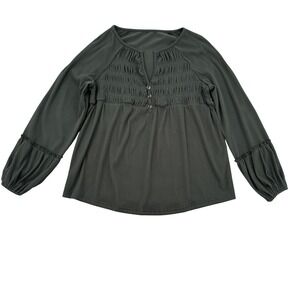 OIBILI Women 6 Baby Doll Green Long Sleeve Ribbed Smocked Button Blouse Top